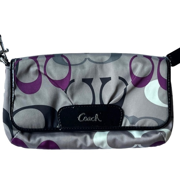 Coach Signature C Large Flap Sateen Wristlet Pouchette F47001 in Khaki & Purple - Picture 1 of 16